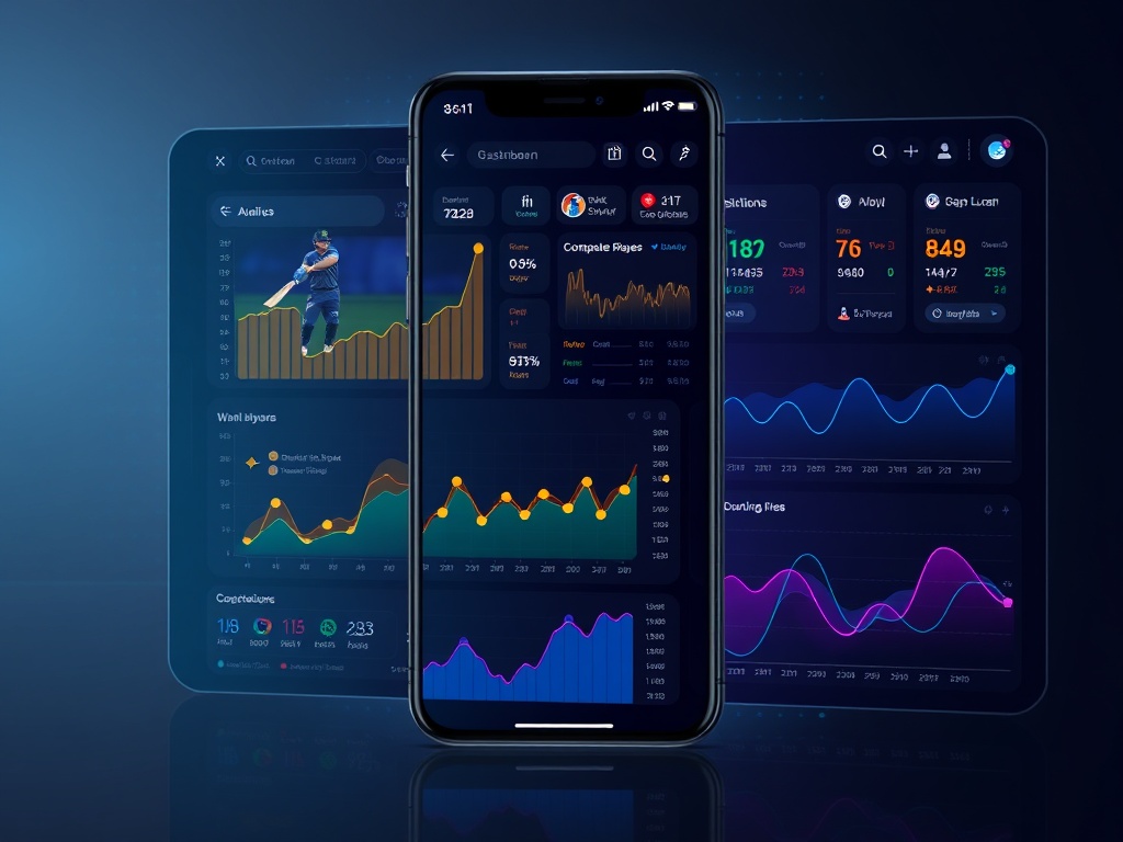 A futuristic mobile dashboard showing cricket, football, tennis analytics with realtime graphs, comparative player heatmaps, and flowing trend lines; sleek dark theme, UI glow.