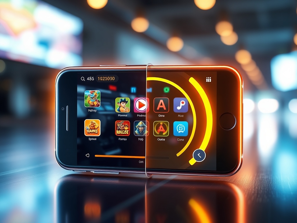 A futuristic smartphone screen glowing, showing colorful game icons and a fast-loading arc, with motion-blur suggesting instant access; split scene