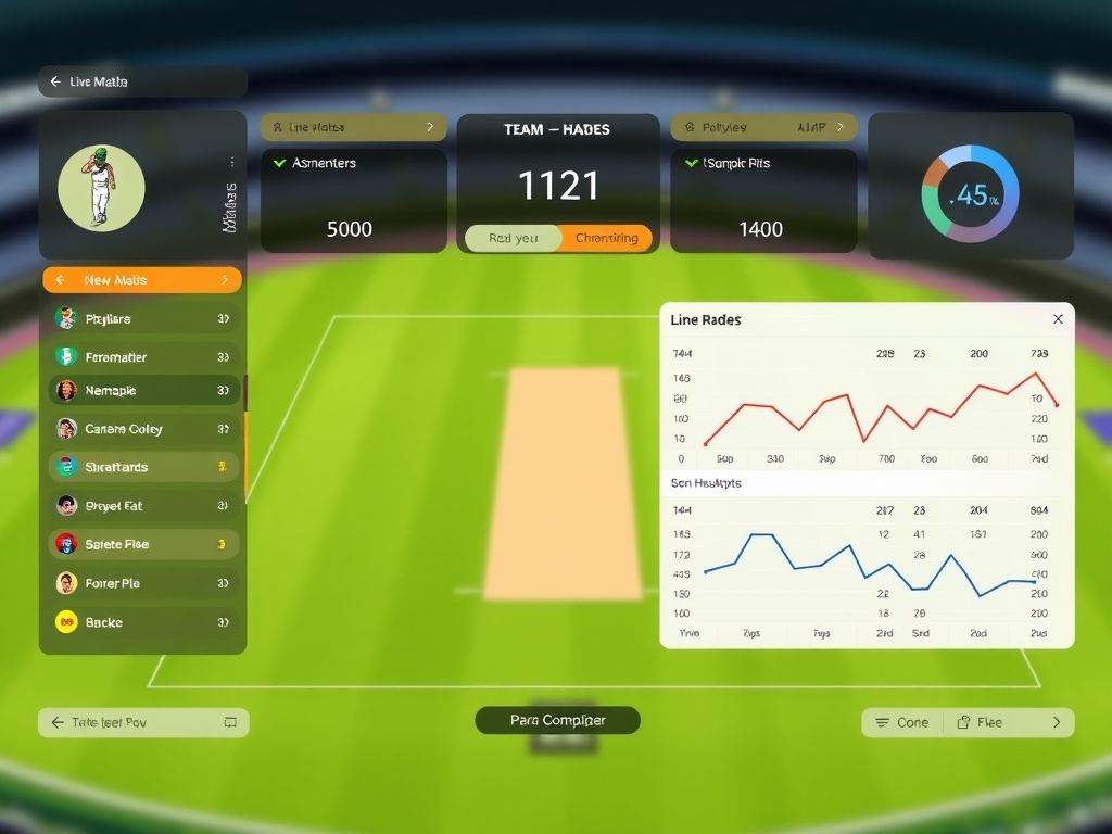 "Cricket scoreboard analytics interface" "live match pitch view" "radar charts" "line graphs" "player heatmap" "team comparison" "clean dashboard"
