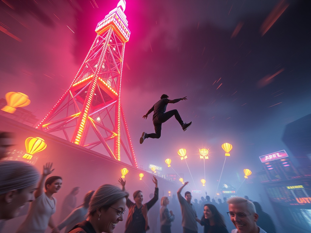 Dynamic neon-lit tower in motion, player silhouette making strategic leap midair, glowing rewards trails, diverse excited faces, motion blur, cinematic depth, energetic atmosphere.