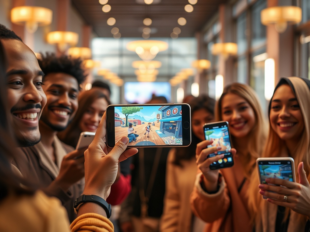 A diverse group smiling, holding smartphones displaying an abstract game lobby glow, cozy indoor and outdoor scenes, dynamic motion blur, welcoming atmosphere, modern UI icons shapes only, warm lighting