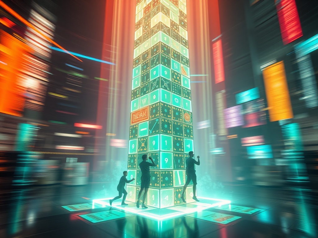 A futuristic vertical tower made of glowing tiles, players in motion, dynamic motion blur, split perspectives showing “Day 1” learning, “Day 2” strategy, “Day 3” timing, intense neon lighting. "You MUST not include ANY brand images or logos. Y