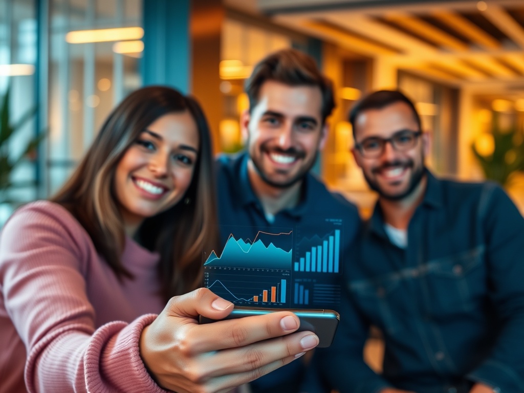 "Three adults in a modern lounge, one holding a phone showing abstract sports analytics graphs; dynamic charts, glowing data lines, confident smiles" "high-tech testimonial mood, teal and amber lighting, shallow depth of field"