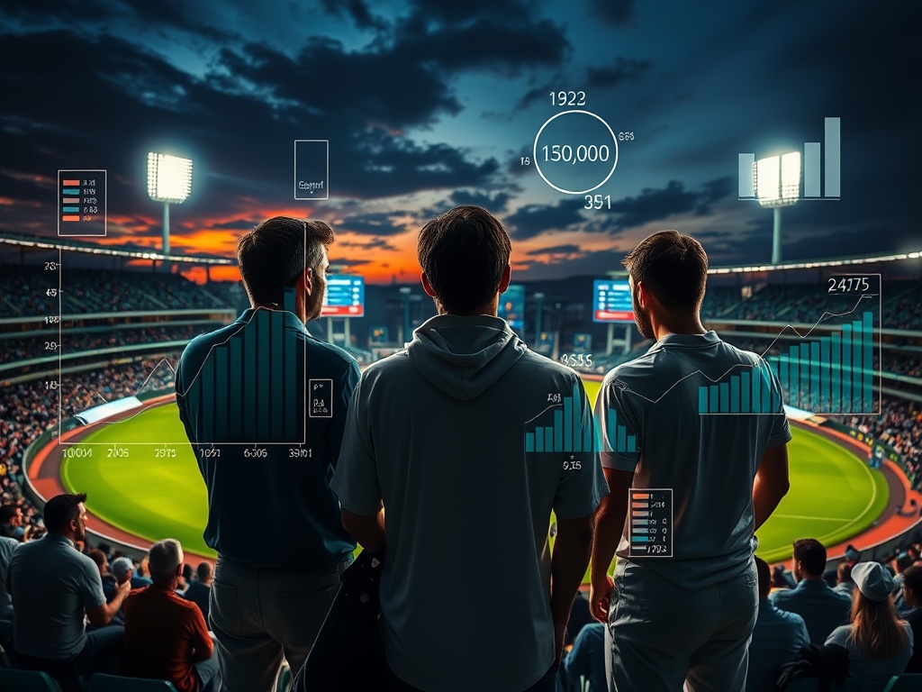 "Cricket stadium at dusk with glowing pitch, overlay of abstract stat graphs and charts, three diverse fans and athletes reviewing data, cinematic lighting."