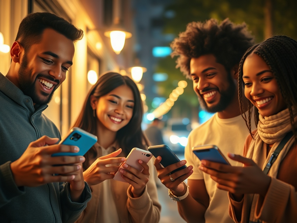 Smiling diverse users holding smartphones, glowing mobile interface icons, fast connection feel, cozy home and on-the-go street lighting, dynamic motion blur, vibrant colors, cinematic lighting.