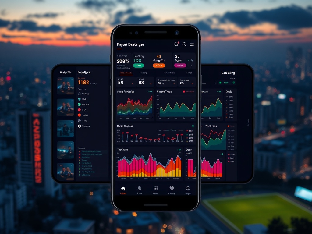 Futuristic mobile dashboard showing colorful sports analytics; match heatmap, player form graphs, team trend lines; Indian city at dusk; smartphone centered, dynamic lighting, high detail