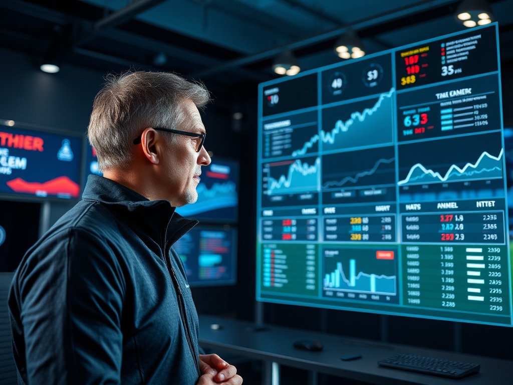 A focused sports coach in a modern studio, viewing floating holographic soccer statistics, live trend lines, team comparison panels, dynamic lighting, no logos.