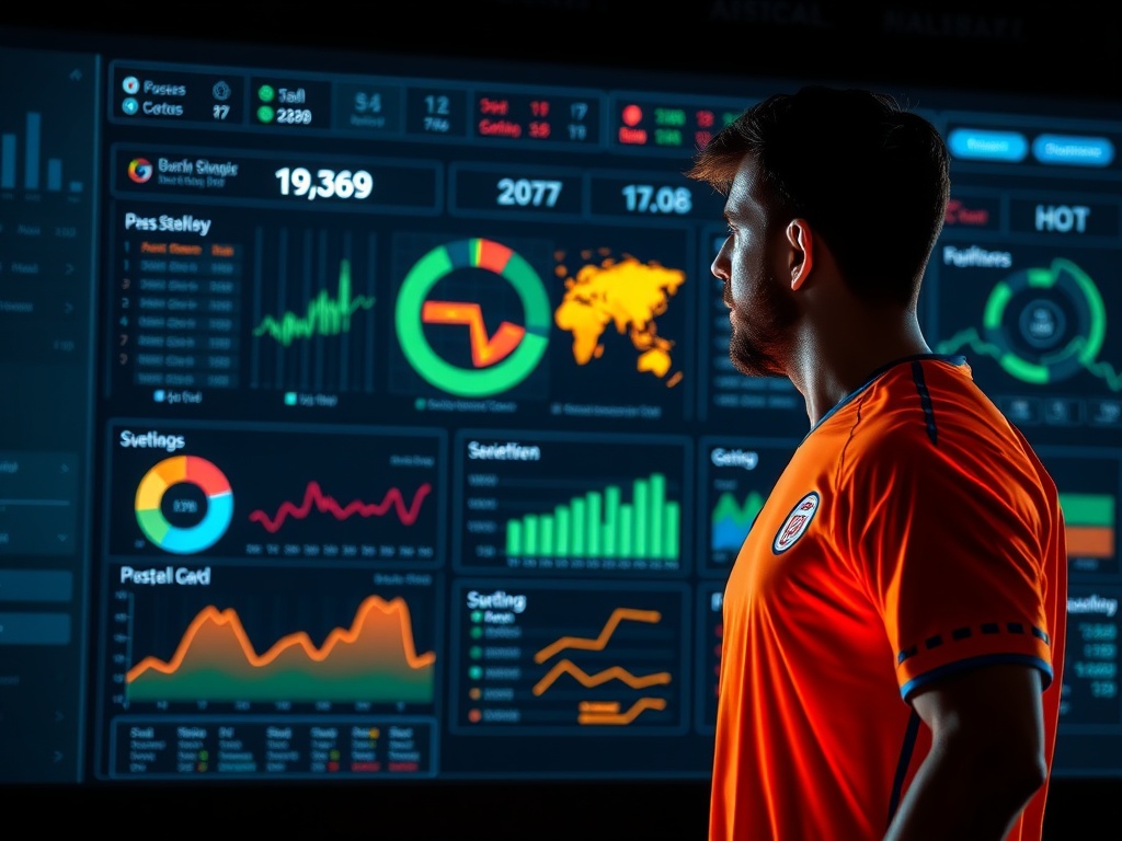 A football coach and player viewing a glowing dashboard "passes" "shots" "heatmap", with intuitive charts and data context around them, modern interface glow.