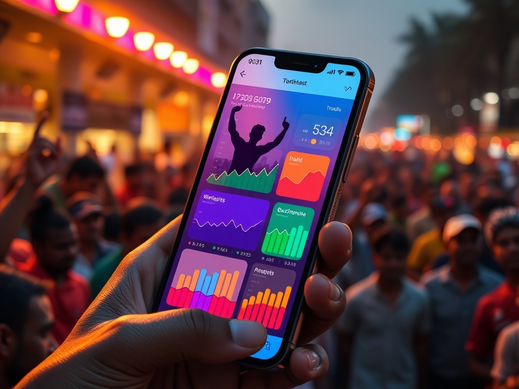 A modern smartphone showing colorful sports analytics cards with graphs, cheering crowd silhouette, warm India street lights, diverse happy users, trust and speed.