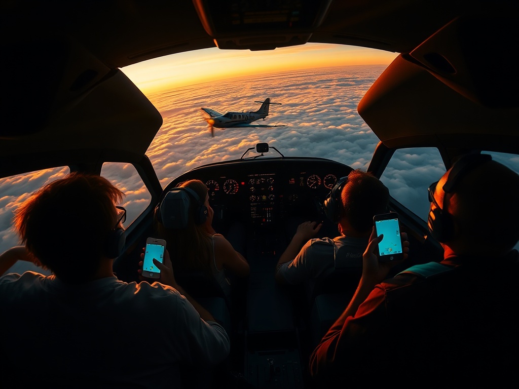 "Inside cockpit, diverse players silhouettes cheering, smartphone glow, small vintage plane soaring toward horizon, clouds and speed lines, dynamic lighting, celebratory mood"