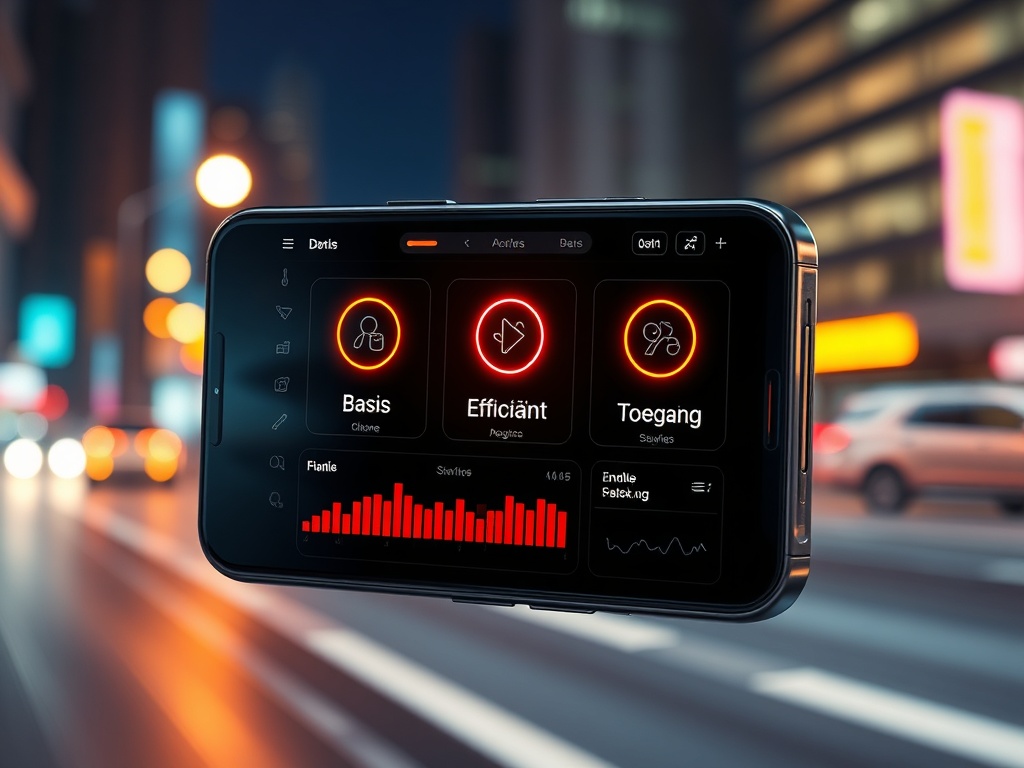A futuristic smartphone dashboard showing three glowing icons labeled “Basis”, “Efficiënt”, “Toegang”, with smooth motion blur, clean UI panels, nightlife city lights, warm neon. "You MUST not include ANY brand images or logos. You may ONLY r