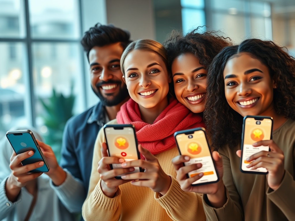 Three diverse smiling adults holding smartphones showing glowing app cards, smooth interface feel, welcoming registration, modern lifestyle background, soft light, dynamic motion, cinematic realism"