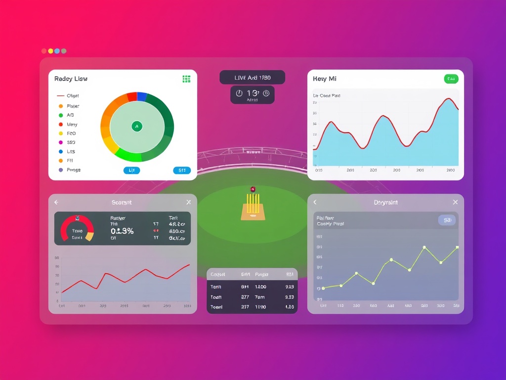 "Cricket scoreboard analytics interface" "live match pitch view" "radar charts" "line graphs" "player heatmap" "team comparison" "clean dashboard"