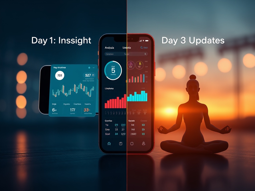Split-screen concept showing “Day1 Insight” and “Day2 Analysis” around a glowing phone dashboard with sports charts, live stats icons, data trends, and serene “Day3 Updates” yoga breath imagery. High-tech calm palette, cinematic lighting.