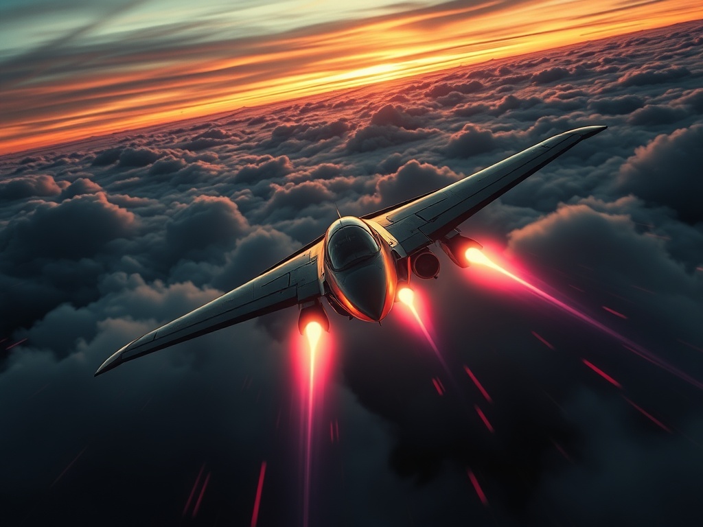 "A sleek small fighter plane banking forward through clouds, neon sunset sky, HUD-like glow accents, dynamic motion blur, scattered light trails, cinematic adventure gameplay mood"