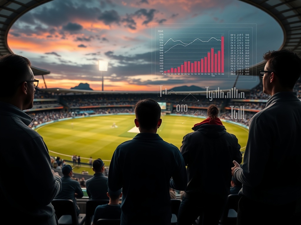 "Cricket stadium at dusk with glowing pitch, overlay of abstract stat graphs and charts, three diverse fans and athletes reviewing data, cinematic lighting."