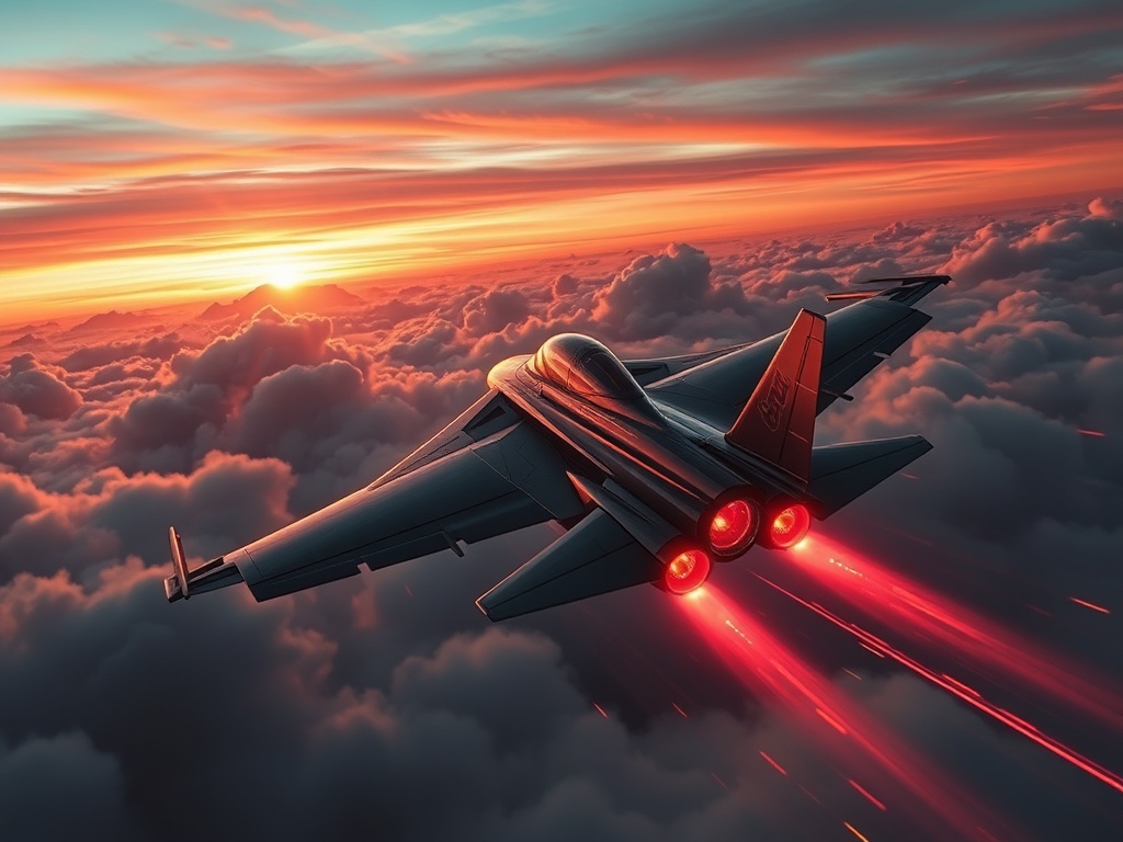 "A sleek small fighter plane banking forward through clouds, neon sunset sky, HUD-like glow accents, dynamic motion blur, scattered light trails, cinematic adventure gameplay mood"