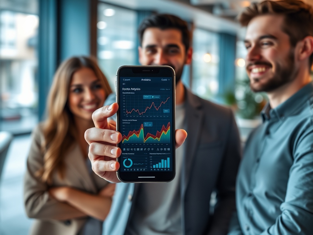 "Three adults in a modern lounge, one holding a phone showing abstract sports analytics graphs; dynamic charts, glowing data lines, confident smiles" "high-tech testimonial mood, teal and amber lighting, shallow depth of field"