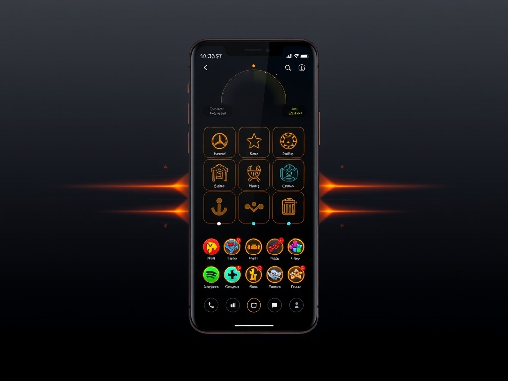 "sleek smartphone dashboard", "dark gradient background", "glowing game icons grid", "tap gestures", "smooth navigation motion lines", "modern lifestyle vibe"