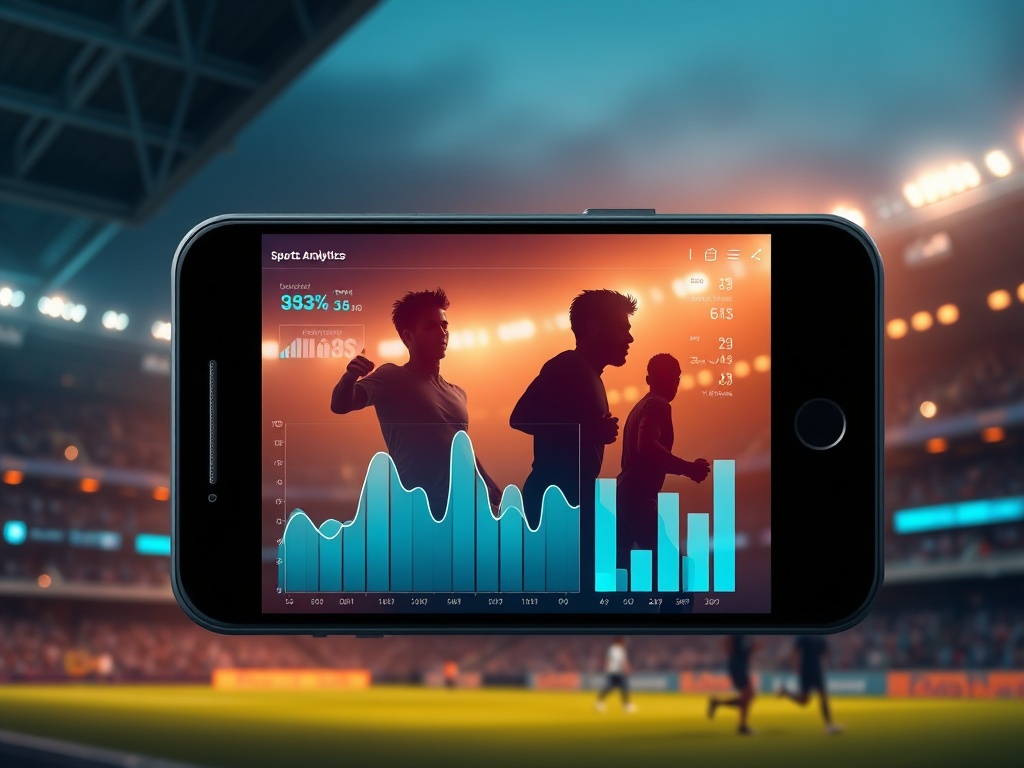 "A modern smartphone mockup displaying clean abstract sports analytics charts, glowing data graphs, three diverse male athletes silhouettes, energetic stadium background, cinematic lighting, high-tech feel." "You MUST not include ANY brand images or logos