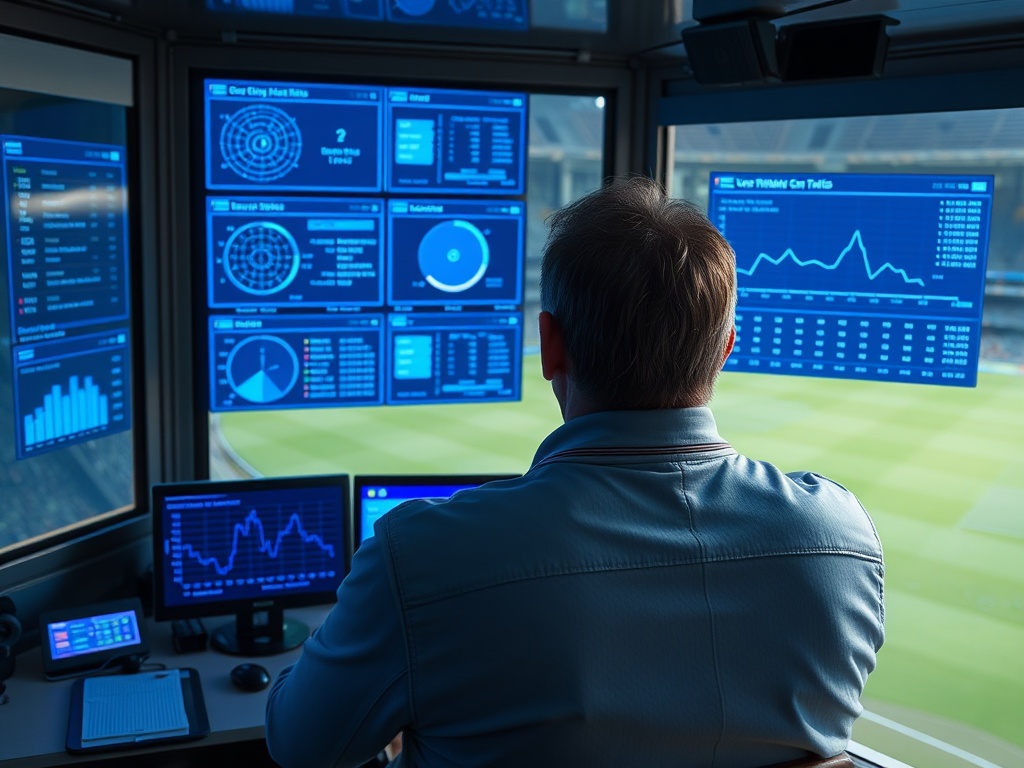 A cricket coach in a stadium booth, holographic dashboards showing "ball-by-ball graphs", "over/innings stats", "player form curves", "team comparisons" in blue light. "No logos".
