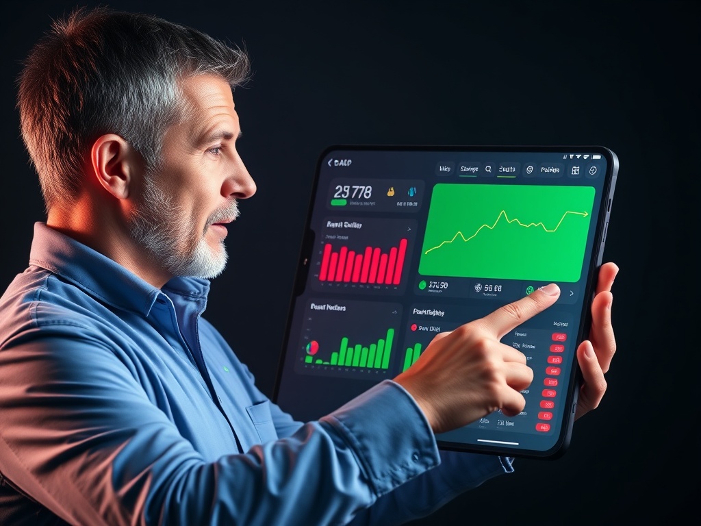 A male coach in studio lighting, pointing at a glowing smartphone dashboard showing sports stats graphs, icons for cricket and football, data heatmap.
