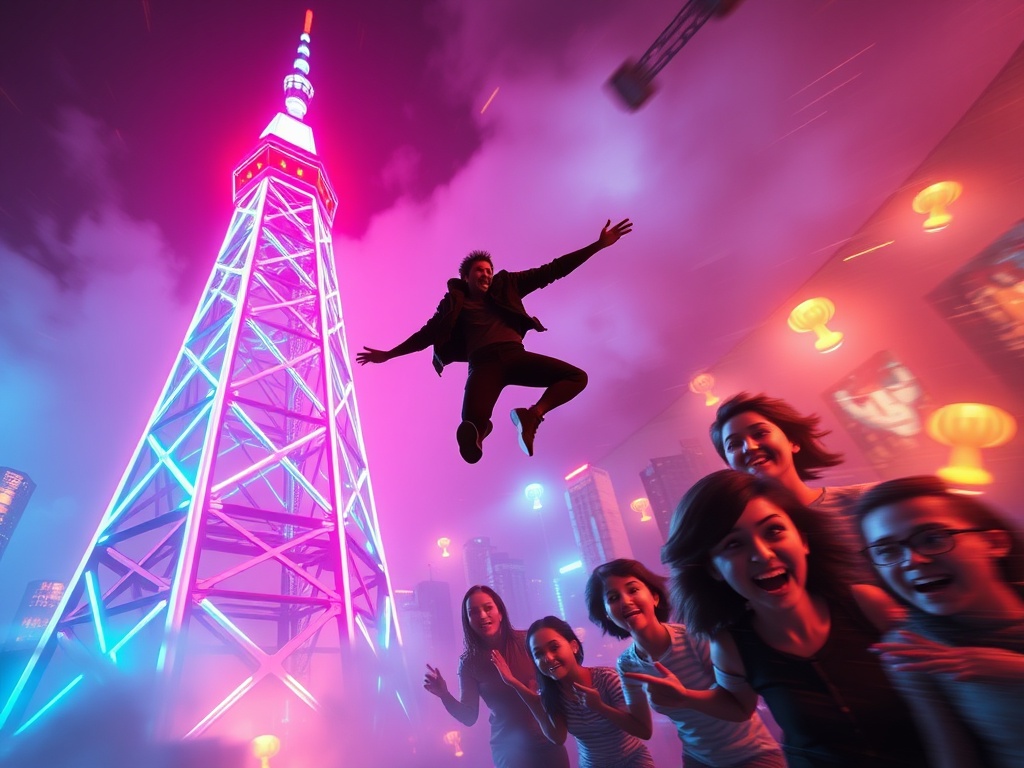 Dynamic neon-lit tower in motion, player silhouette making strategic leap midair, glowing rewards trails, diverse excited faces, motion blur, cinematic depth, energetic atmosphere.