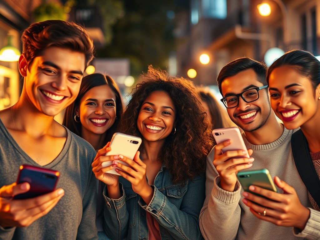 Smiling diverse users holding smartphones, glowing mobile interface icons, fast connection feel, cozy home and on-the-go street lighting, dynamic motion blur, vibrant colors, cinematic lighting.