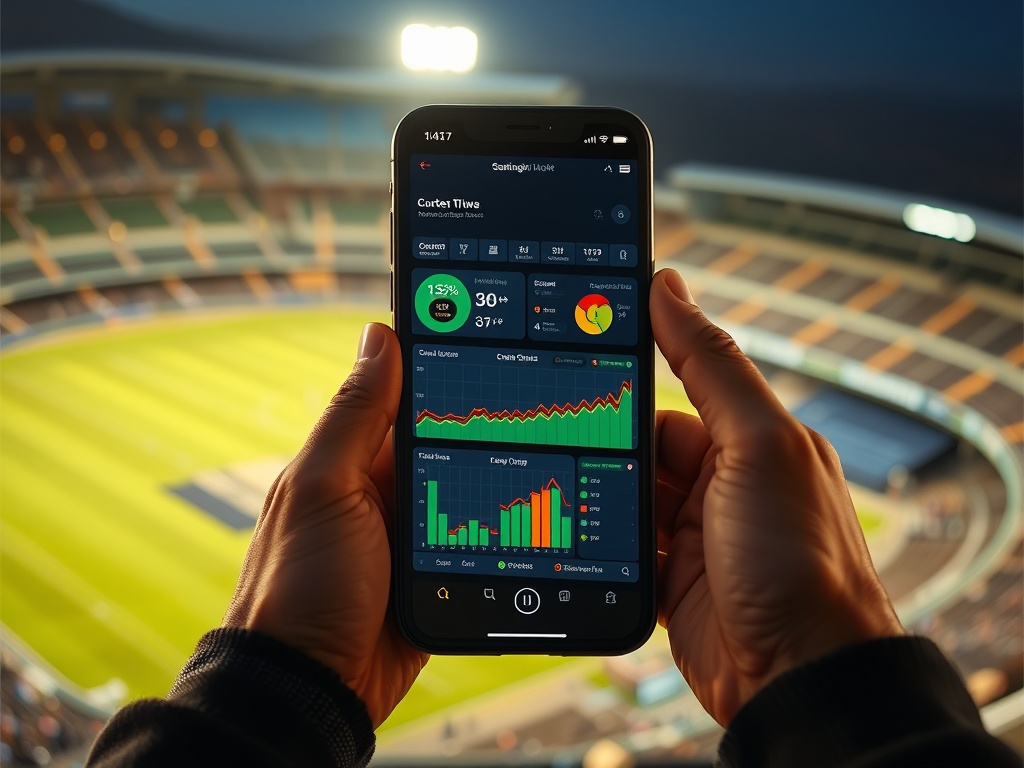 A modern cricket analytics dashboard on a phone, "dynamic match graphs", "focused male viewer", "stadium lights", warm confident mood, cinematic lighting.