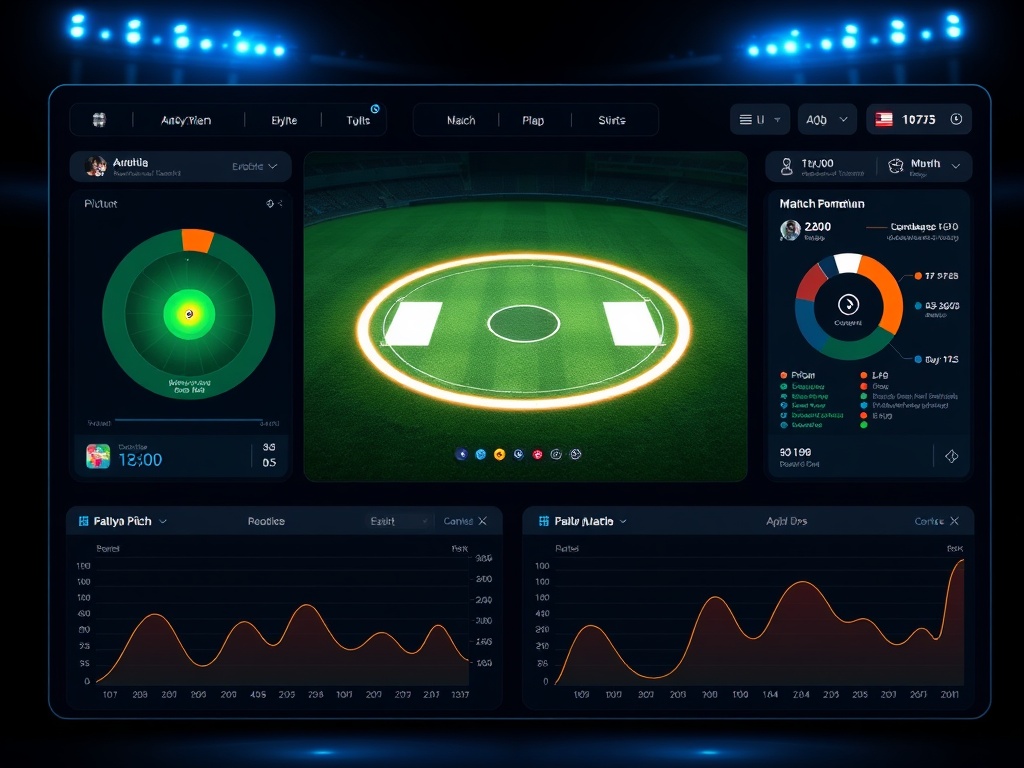 "modern cricket analytics dashboard" "glowing pitch map" "batting and bowling charts" "match momentum timeline" "futuristic UI panels" "cinematic blue lighting" "clean minimalist style".