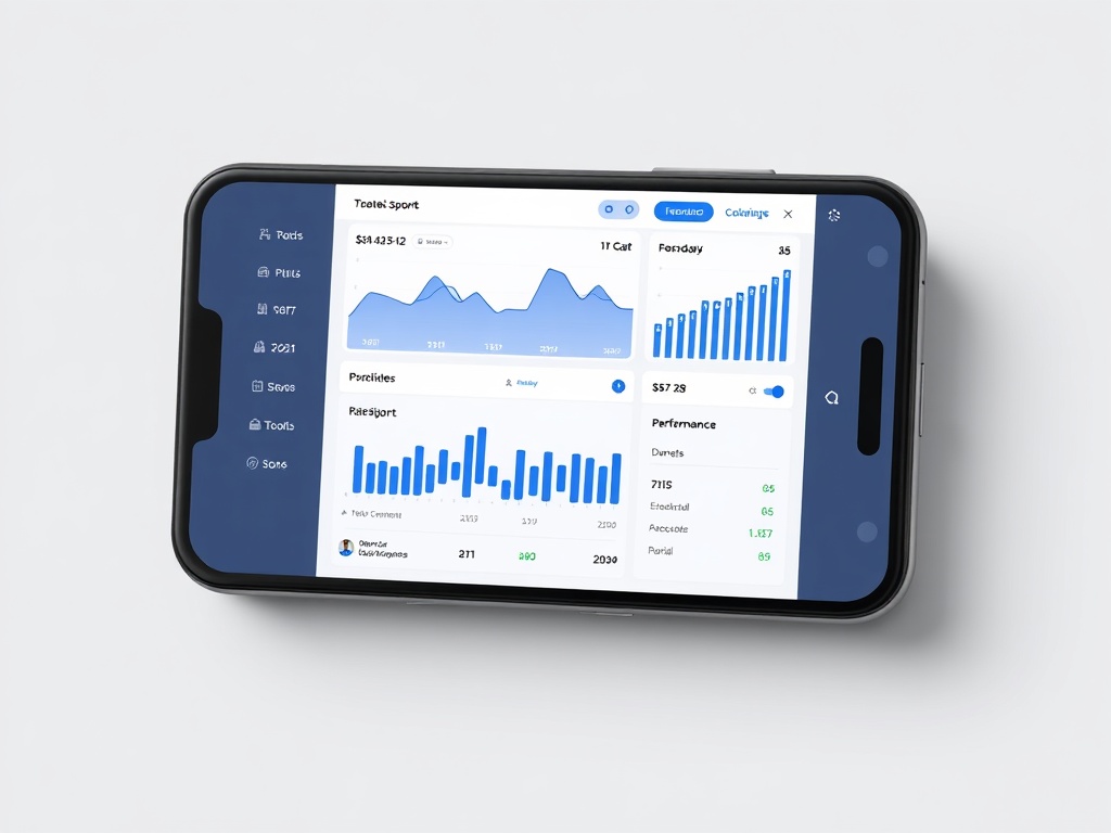A sleek smartphone dashboard displaying sports analytics charts with line graphs, bar comparisons, match trends, and player performance panels, dynamic blue accents, modern minimal UI, no logos.