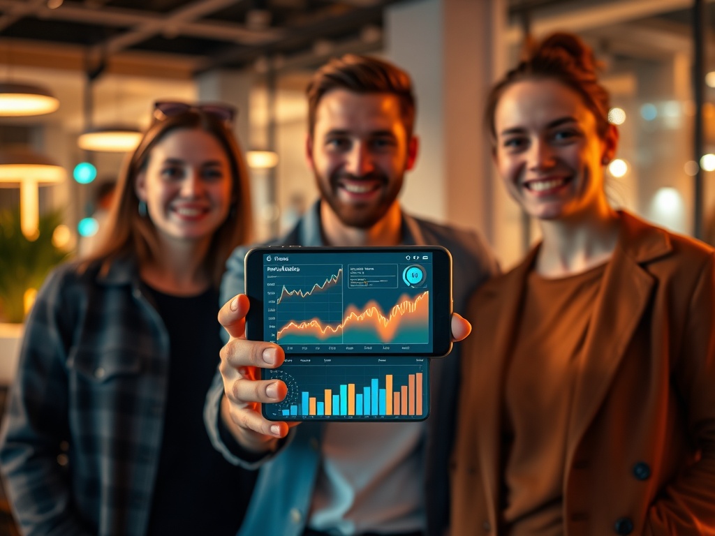 "Three adults in a modern lounge, one holding a phone showing abstract sports analytics graphs; dynamic charts, glowing data lines, confident smiles" "high-tech testimonial mood, teal and amber lighting, shallow depth of field"