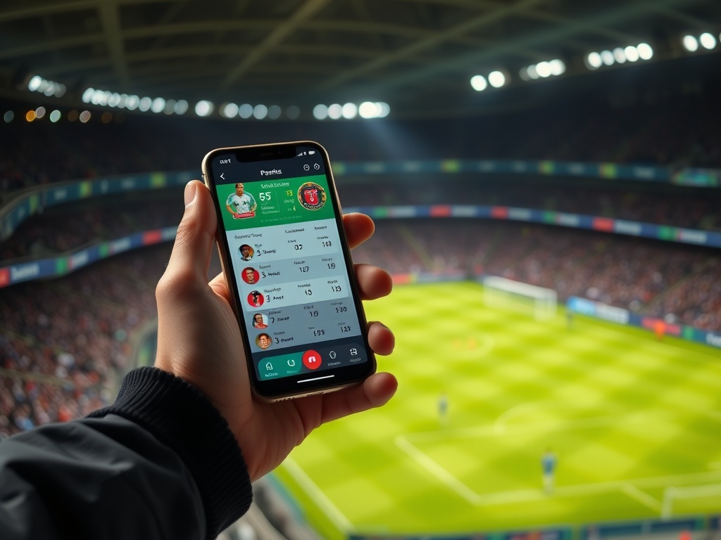 A modern smartphone in a coach’s hand showing live match cards, realtime score pulses, player stats charts, clean UI glow, energetic stadium background, motion blur.