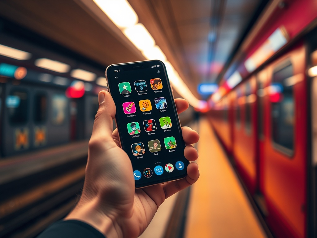 A hand holding a smartphone with glowing game icons, smooth motion blur, subway window backdrop, warm light, seamless interface glow, dynamic always-on vibe.