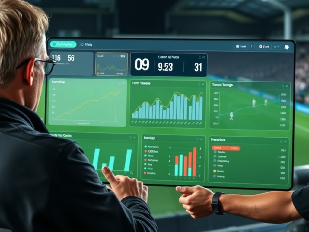 A focused male coach, 30s, reviewing soccer match analytics on a tablet; floating charts, form trends, half-by-half goals, team comparison, clean UI.