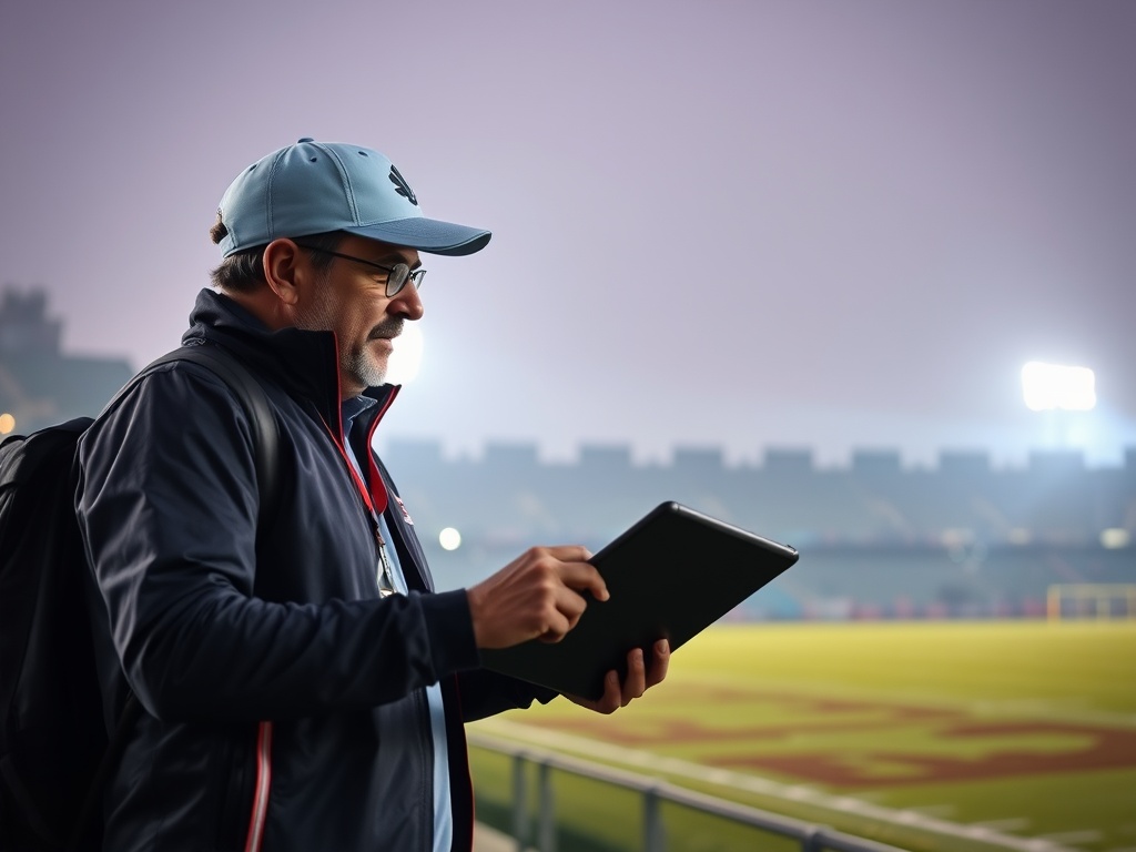 "modern sports coach" "teaching beside a field" "holding a tablet" "glowing analytics charts" "India city lights" "dynamic team scouting vibe"