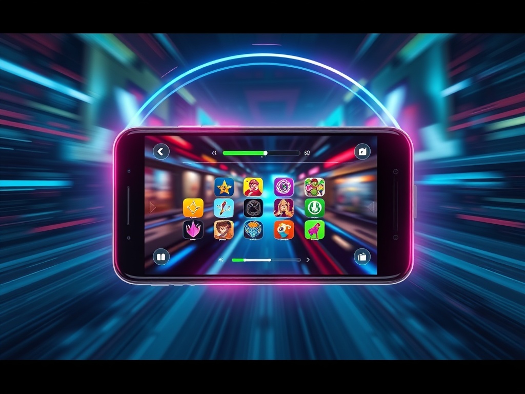 A futuristic smartphone screen glowing, showing colorful game icons and a fast-loading arc, with motion-blur suggesting instant access; split scene