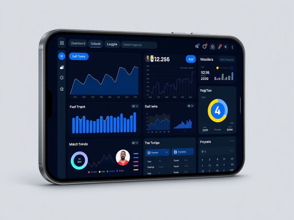 A sleek smartphone dashboard displaying sports analytics charts with line graphs, bar comparisons, match trends, and player performance panels, dynamic blue accents, modern minimal UI, no logos.