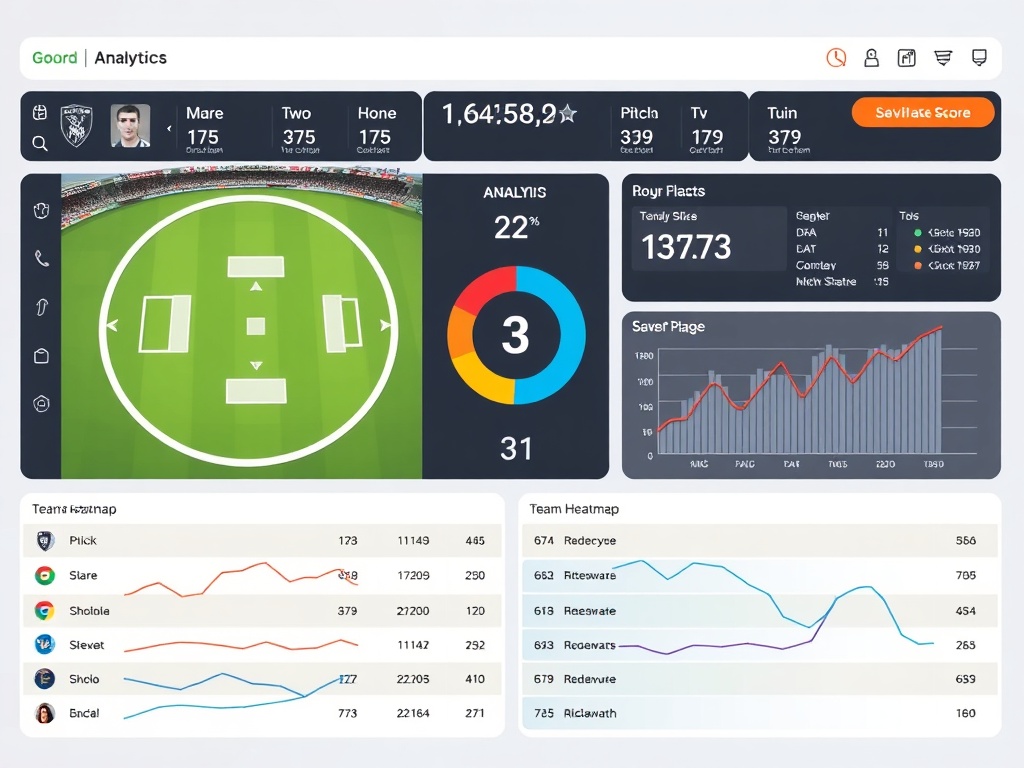 "Cricket scoreboard analytics interface" "live match pitch view" "radar charts" "line graphs" "player heatmap" "team comparison" "clean dashboard"