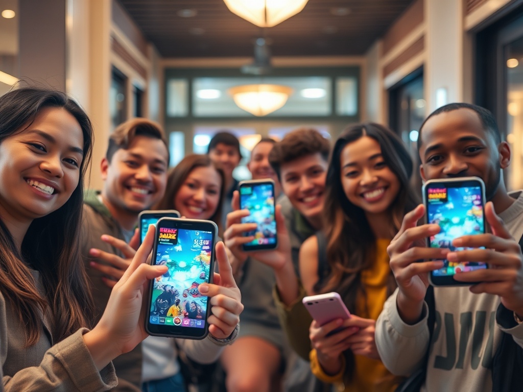 A diverse group smiling, holding smartphones displaying an abstract game lobby glow, cozy indoor and outdoor scenes, dynamic motion blur, welcoming atmosphere, modern UI icons shapes only, warm lighting