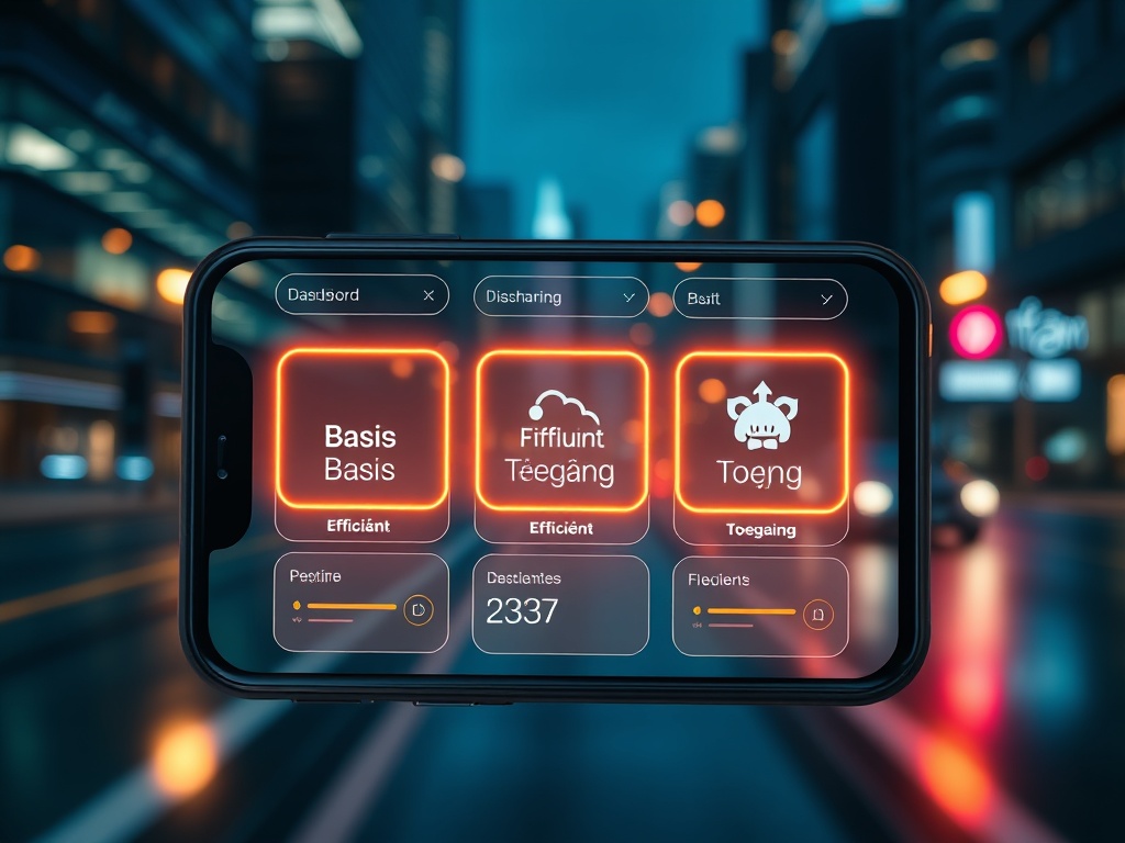 A futuristic smartphone dashboard showing three glowing icons labeled “Basis”, “Efficiënt”, “Toegang”, with smooth motion blur, clean UI panels, nightlife city lights, warm neon. "You MUST not include ANY brand images or logos. You may ONLY r