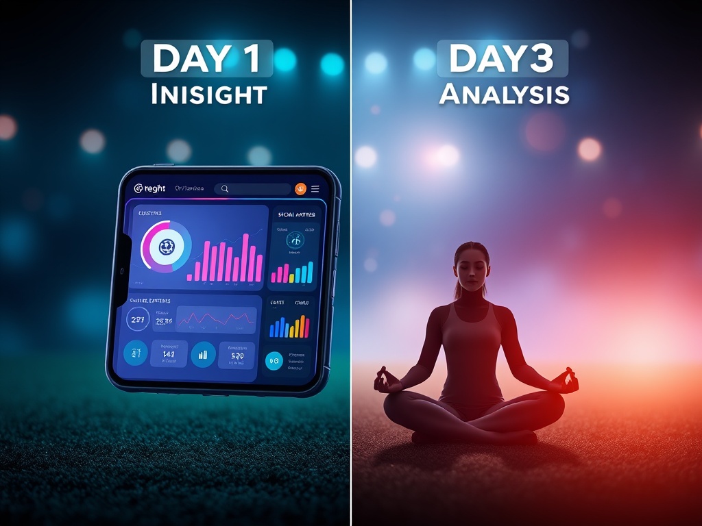 Split-screen concept showing “Day1 Insight” and “Day2 Analysis” around a glowing phone dashboard with sports charts, live stats icons, data trends, and serene “Day3 Updates” yoga breath imagery. High-tech calm palette, cinematic lighting.