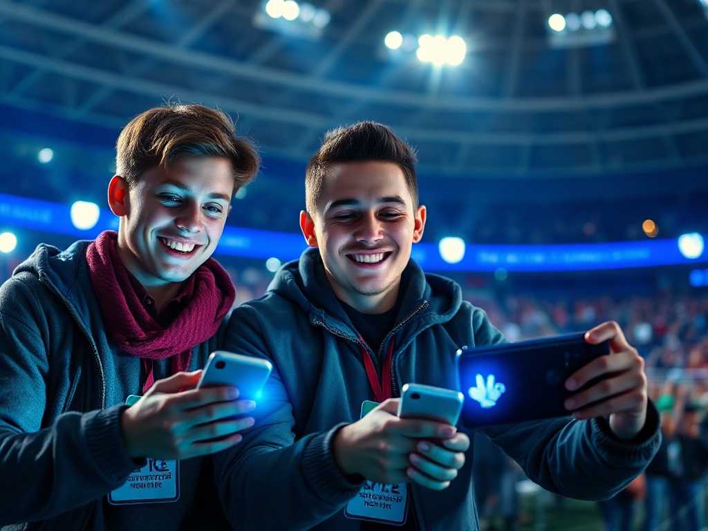 "three young football fans" "smiling while using smartphones" "glowing chart-like overlays" "stadium background" "dynamic blue-green lighting"