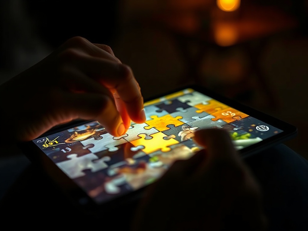 "Close-up of adult hands solving a glowing jigsaw on a sleek tablet, dynamic time-pressured puzzle tiles, relaxed ambient lighting, subtle motivational vibe."
