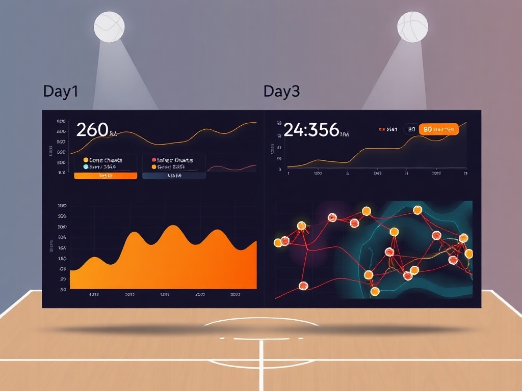 A split-screen basketball analytics dashboard "Day1 Day2 Day3" glow lines, live shot charts, passing networks, player heatmap, dynamic court background, modern flat style, no logos.