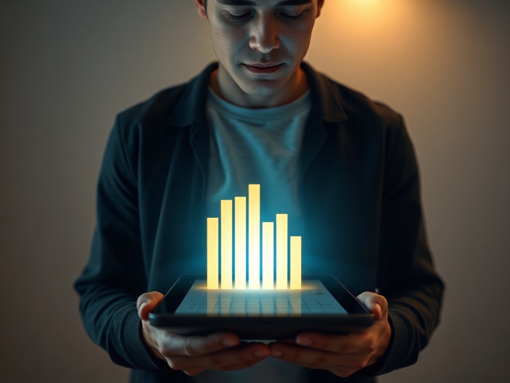 "A focused adult man holding a tablet with an abstract sliding puzzle; glowing score bars rise; subtle prana-like light swirls around his breathing posture." "Use cinematic lighting, modern minimal interior, high detail, no logos."