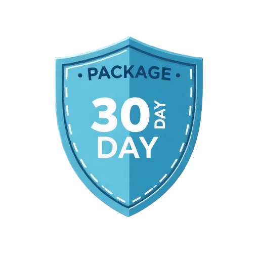 Carefully describe an image in great detail that needs to be generate, use quotes to split visual things. "package badge" "30 day shield" "puzzle spark"