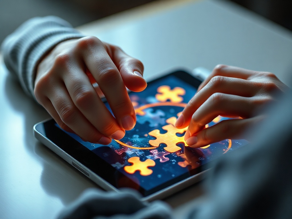 "Close-up of adult hands solving a glowing jigsaw on a sleek tablet, dynamic time-pressured puzzle tiles, relaxed ambient lighting, subtle motivational vibe."