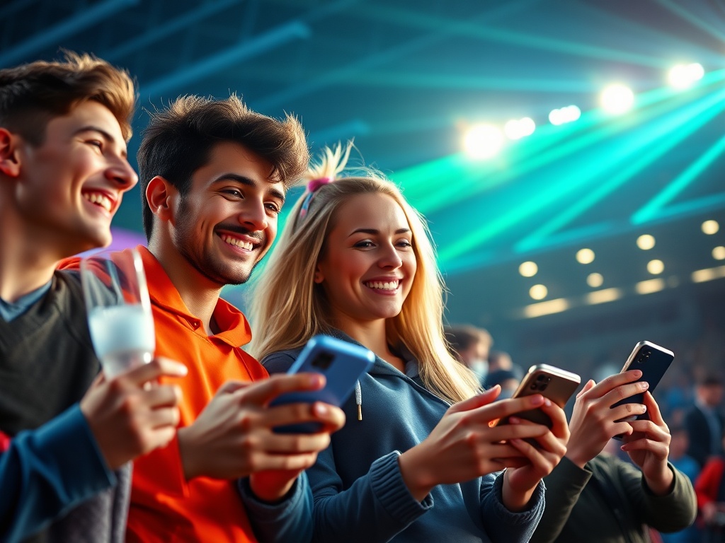 "three young football fans" "smiling while using smartphones" "glowing chart-like overlays" "stadium background" "dynamic blue-green lighting"
