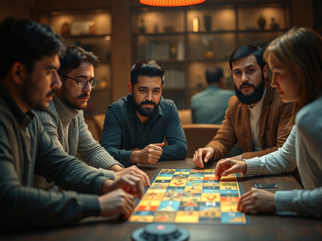 "Four diverse adult players around a table, glowing puzzle tiles, subtle scoreboard glow, warm ambient lighting, focused expressions, dynamic competition atmosphere, cinematic depth of field."